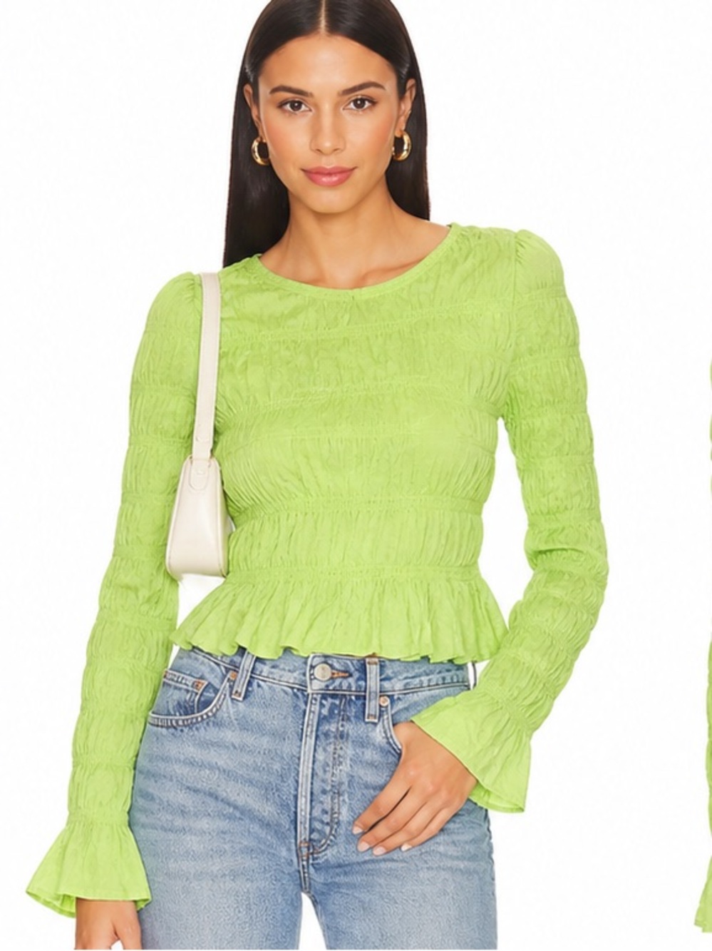 Frame Neon Green Smocked Ruffle Blouse Cotton Long Sleeve Top Small